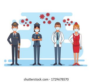 group of workers using face masks for covid19 vector illustration design