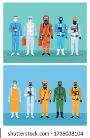 group of workers using protection virus suits characters vector illustration design