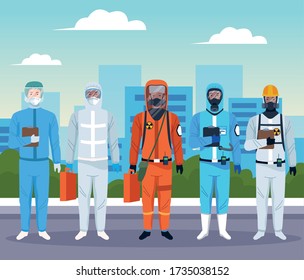group of workers using protection virus suits on the city vector illustration design
