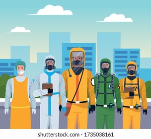 group of workers using protection virus suits on the city vector illustration design