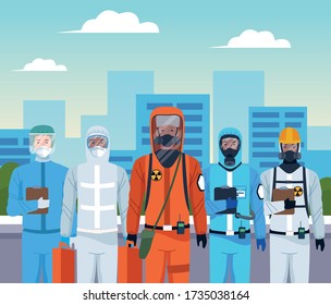 group of workers using protection virus suits on the city vector illustration design