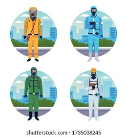 group of workers using protection virus suits on the city vector illustration design
