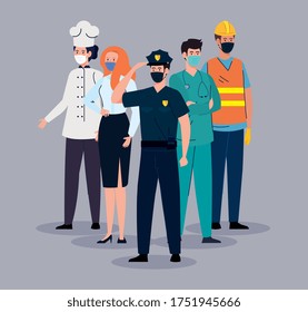 group workers wearing medical mask against covid 19 pandemic vector illustration design