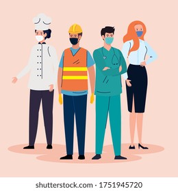 group workers wearing medical mask against covid 19 pandemic vector illustration design