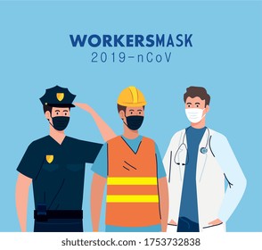 group workers wearing medical mask against 2019 ncov vector illustration design