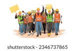 Group of Workers Wearing Safety Helmet Marching in Protest Strike Pose Hand Drawn Illustration Isolated in White