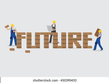 Group of workers working together to build brick wall of text Future. Creative vector illustration on wordplay on building future.