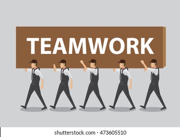 A group of workers working together to transport a text block that says Teamwork. Cartoon vector illustration on team work concept isolated on plain background.