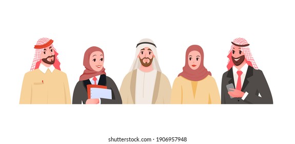 Group of working arabian business people diversity vector illustration. Cartoon arab man and woman avatars in traditional clothes, saudi office workers characters, arab community isolated on white