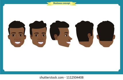 Grupo de trabajadores, hombre negro de negocios iconos avatar. Diseño plano personajes.Juegos de avatares de negocios. Vector aislado. Plantilla de cara para diseño, animación.Caracteres sonrientes.Personas