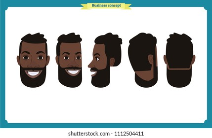 Group of working people, business black american man avatar icons.Flat design people characters.Business avatars set. Isolated vector. Face template for design, animation.Smiling.People characters