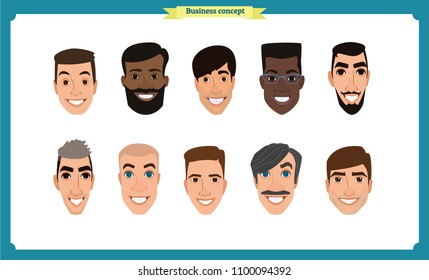 Group of working people, business man avatar icons.Flat design people characters.Business avatars set. Isolated vector on white. Face template for design, animation.Smiling, black.People characters