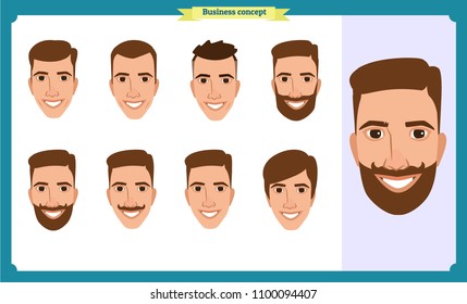 Group of working people, business man avatar icons.Flat design people characters.Business avatars set. Isolated vector on white. Face template for design, animation.Smiling, black.People characters