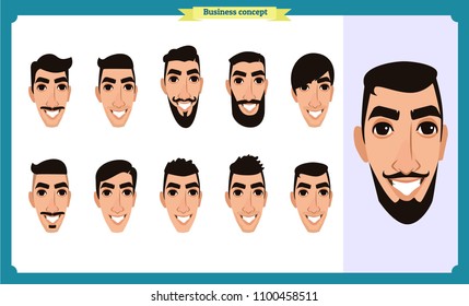 Group of working people, business man avatar icons.Flat design people characters.Business avatars set. Isolated vector on white. Face template for design, animation.Smiling, black.People characters