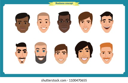 Group of working people, business man avatar icons.Flat design people characters.Business avatars set. Isolated vector on white. Face template for design, animation.Smiling, black.People characters