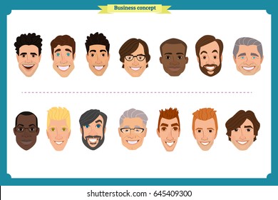 Group of working people, business men avatar icons.Flat design people characters.Business avatars set. Isolated vector on white. Face template for design work and animation.Smiling, black,businessman