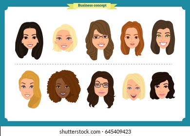 Group of working people, business women avatar icons.Flat design people characters.Business avatars set. Isolated vector on white. Face template for design work and animation.Smiling, business woman