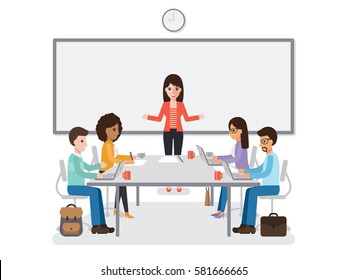 Group of working people, businessmen and businesswomen meeting in conference room, business team brainstorming together in office. Flat design people characters.