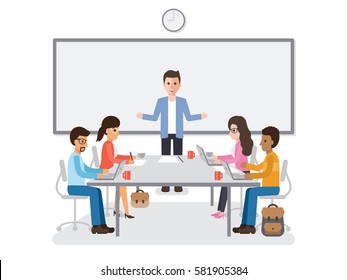 Group of working people, businessmen and businesswomen meeting in conference room, business team brainstorming together in office. Flat design people characters.