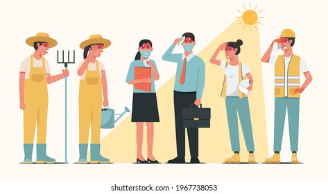 Group of working people characters standing together in sunny weather in summer and having heatstroke symptoms, flat vector illustration