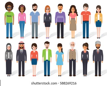 Group of  working people diversity, diverse business men and business women standing on white background. Vector illustration of flat design people characters.