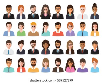 Разнообразие групп рабочих людей, разнообразные значки аватаров деловых мужчин и женщин. Векторная иллюстрация персонажей плоского дизайна людей.