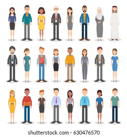 Group of working people diversity, diverse business men and business women standing on white background. Vector illustration of flat design people characters