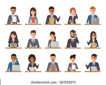 Group of working people diversity on white background. Diverse businessmen and businesswomen using laptop, tablet and smartphone. Vector illustration of flat design people characters.