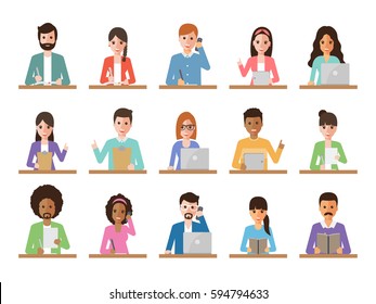 Group of working people diversity on white background. Diverse businessman and businesswoman using laptop, tablet and smartphone. Vector illustration of flat design people characters.