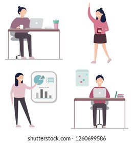 Group of working people. Male and female characters. People working at office on white background, Flat design vector illustration.