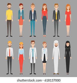 Group of working people standing. Business men and business women in flat design people characters. Set of occupation character.