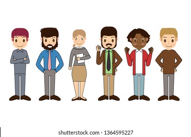 Group of working people standing characters with Different nationalities and dress styles in flat design style isolated on white background, vector illustration Eps 10.