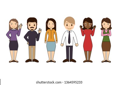 Group of working people standing characters with Different nationalities and dress styles in flat design style isolated on white background, vector illustration Eps 10.
