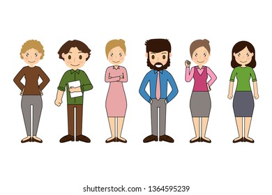 Group of working people standing characters with Different nationalities and dress styles in flat design style isolated on white background, vector illustration Eps 10.