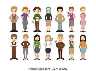 Group of working people standing characters with Different nationalities and dress styles in flat design style isolated on white background, vector illustration Eps 10.