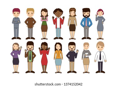 Group of working people standing characters with Different nationalities and dress styles in flat design style isolated on white background, vector illustration Eps 10.