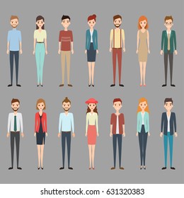 Group of working people standing. Cute and simple modern flat cartoon style.