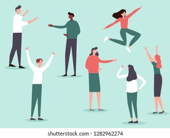 Group of working people standing on background. Business men and business women in flat design people characters
