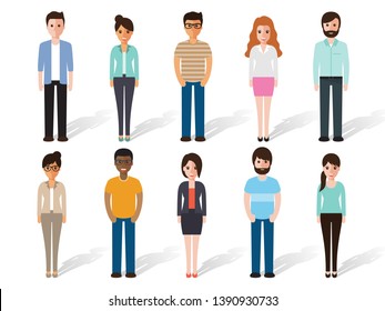 Group of working people standing on white background. Business men and business women in flat design people characters.