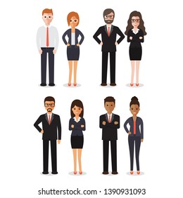 Group of working people standing on white background. Business men and business women in flat design people characters.