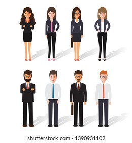 Group of working people standing on white background. Business men and business women in flat design people characters.