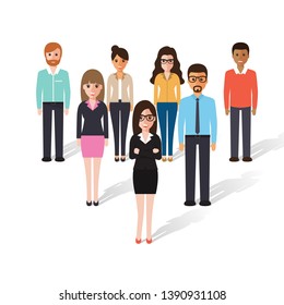 Group of working people standing on white background. Business men and business women in flat design people characters.