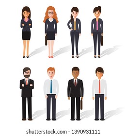 Group of working people standing on white background. Business men and business women in flat design people characters.