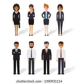 Group of working people standing on white background. Business men and business women in flat design people characters.