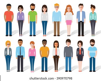 Group of working people standing on white background. Business men and business women in flat design people characters.