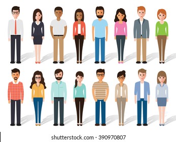 Group of working people standing on white background. business men and business women in flat design people characters.