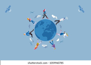 Group of working people traveling along the Earth globe. Conceptual illustration metaphor of globalization and labor mobility.