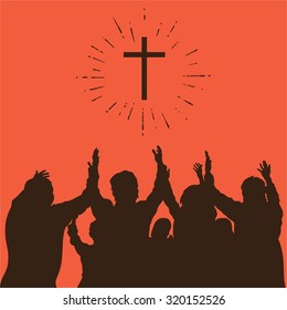 Group worship, raised hands, cross, worship, silhouettes, praise