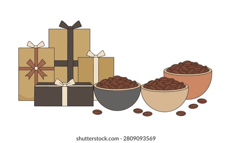 Group of wrapped gift boxes placed next to bowls filled with roasted coffee beans for a celebration of premium beverage and gifting culture.