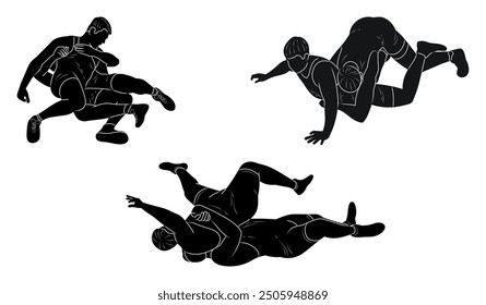 Group of wrestlers, Greco Roman wrestling, silhouette set